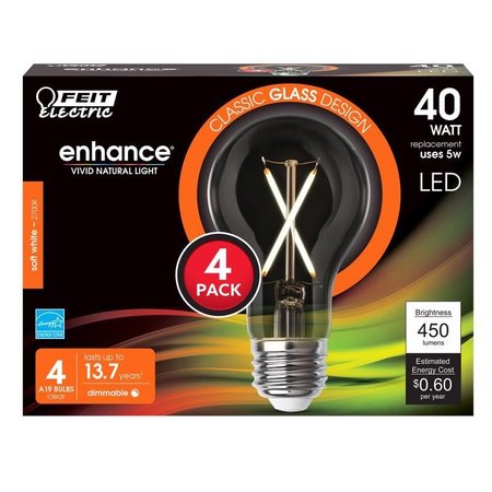 FEIT ELECTRIC A19 E26 Medium Filament LED Bulb Soft White 40 Watt Equivalence, 4PK A1940CL927CAFL4